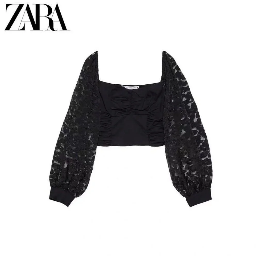 Zara Contrasting Organza Cropped Top Black Sz S